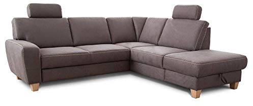Cavadore Ecksofa Wisconsin mit Vorziehsitz / Eckcouch mit Federkern in Lederoptik / Inkl. 2 Kopfstützen + Bettkasten / Landhausstil / Holzfüße in Buche / Mikrofaser /248 x 88 x 218 cm / Grau