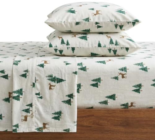 Eddie Bauer - Flannel Sheets King Size, Anti-Pilling & Wrinkle Resistant Cotton, Touchably Soft for All-Season Comfort - Bed Sheets with Matching Pillowcase & Fitted Sheet (Deer Hollow Green)