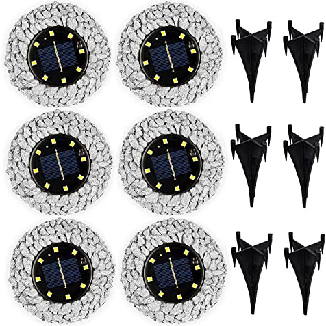 Morvat Grey Rock Solar Lights Outdoor Waterproof | Decorative Disk Lights for Outdoor Pathway | Garden Stones with Stone-Like Texture & IP44 Weatherproof Rating | Rock Solar LED Lighting, 6 Pack