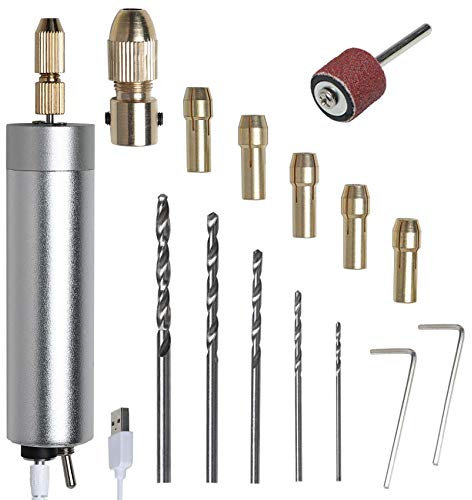 Elektrische Handbohrer mit 5 Spiralbohrern(1-3mm), Mini Bohrmaschine Bit Set für Epoxidharz, Schmuck, Kunstharzwerk, DIY Handwerk, Schleifhülse, Bohrfutter, USB Stecker, 15 teilig