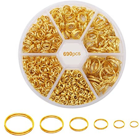 Lot de 690 anneaux ouverts doubles dorés, 6 tailles, anneaux ouverts à double boucle pour la fabrication de bijoux, petits pendentifs, porte-clés, 4, 5, 6, 8, 10, 12 mm