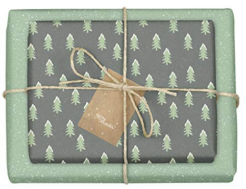 dabelino Geschenkpapier Weihnachten Tannenbaum mit Schnee: 4x Bögen + 4x Anhänger Set (Kinder, Erwachsene, umweltfreundlich, öko, grün, schwarz, modern) | doppelseitiges Weihnachtsgeschenkpapier