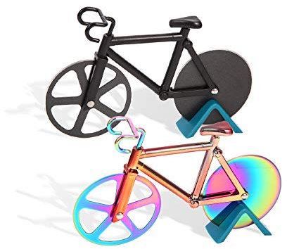Juego de 2 ruedas para cortador de pizza de bicicleta con soporte, herramienta de pizza de acero inoxidable, ruedas dobles para pasteles, gofres, galletas de masa (dos colores)