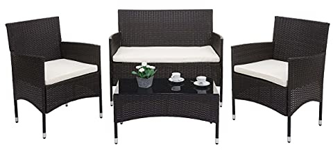 Mendler Poly-Rattan Garnitur HWC-F55 - braun, Kissen Creme | Balkon-/Garten-/Lounge-Set, Sofa, Sitzgruppe