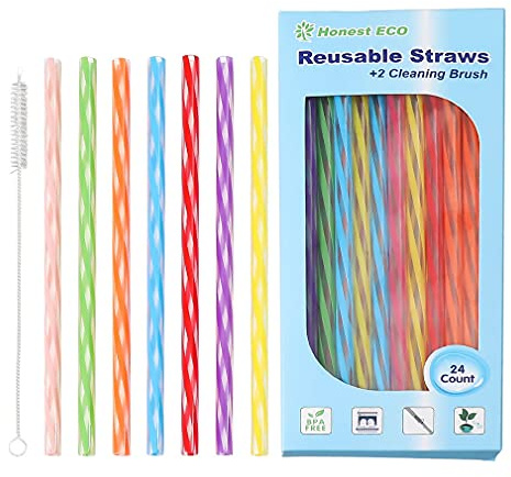 Honest ECO Reusable Stirrer Straws with Cleaner Brush Short Assorted color Plastic Pipes fit for Milk & Juice & Coffee & Smoothies & Cocktail & Kids Straws Kit (24Count-7.5in)