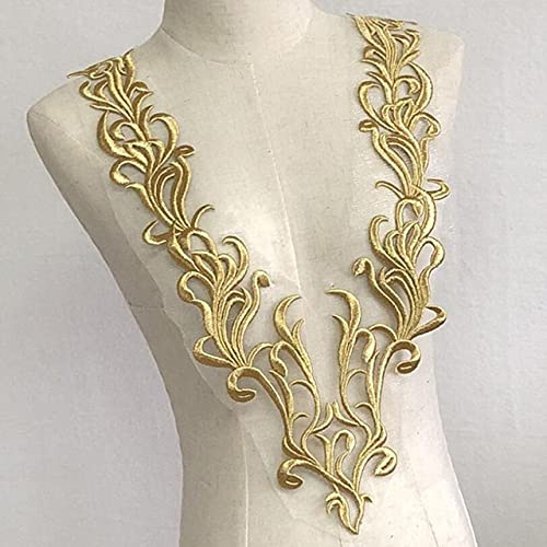 Yulakes Gold Stickerei Spitze Applikation Patch Gold Pailletten Spitze Ausschnitt Kragen Hochzeit edles Kleid Nähen DIY Brautkleid Dekoration Kleidung Zubehör (Style 2)