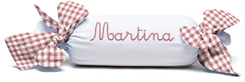 Nenel Cojín Decorativo para Cuna o Carrito Personalizado – Caramelo bebé con Nombre - Rulo recién Nacido Bordado - Vichy (Rosa bebé)