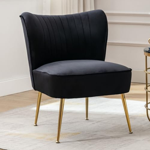 chairus Velvet Tub Chair Armless Single Sofa Chair with Metal Legs Upholstered Accent Longue Chair for Balcony Living Room (Black-1)