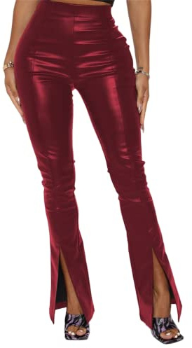 ORANDESIGNE Leggings Ecopelle Donna Sexy Vita Alta Pantaloni in Pelle Push up Collant PU Similpelle Leggins Coated Slim Treggins Basic Leather Pants L Vino Rosso S