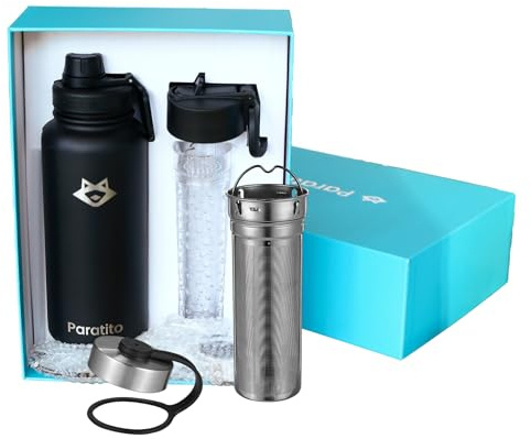 PARATITO Trinkflasche Edelstahl 1L + Tee Zubehör - Thermosflasche, Teesieb, Fruchtinfuser, Sportverschluss, Strohhalmaufsatz (Geschenkset Schwarz)