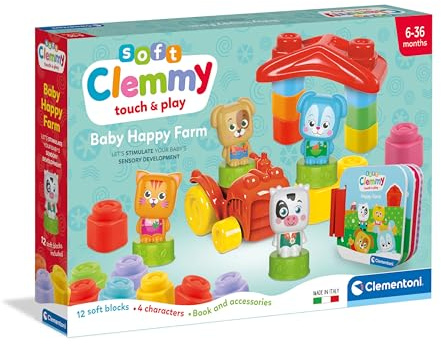 Clementoni – 17884 – Soft Clemmy – Baby Happy Farm – byggsats för första barndomen, mjuka Clemmy-stenar, block för barn 6 månader, sensoriskt spel, tvättbar, tillverkad i Italien