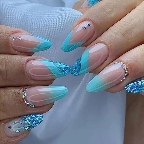 24pcs French Tip False Nails Almond Stick on Nails Glitter Blue Sequin Press on Nail with Rhinestones Removable Glue on Acrylic Full Cover Fake Nail Art Accessories for Women