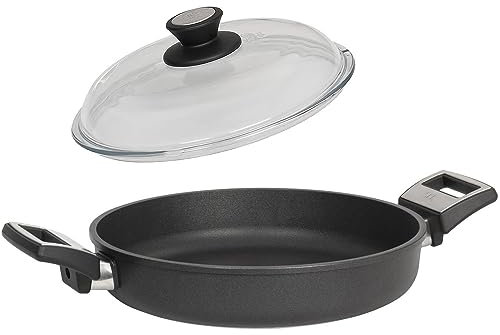 SKK Paella-Pfanne Ø 32 cm - ohne Induktion - runde beschichtete Aluguss Kasserolle 2-tlg. mit seitlichen Griffen & Vollglas Deckel - Made in Germany