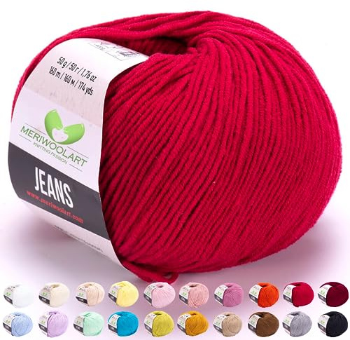 MeriWoolArt® Rot Baumwollgarn zum Stricken und Häkeln, Textilgarn, Stoffgarn, Baby Wollgarn für Handarbeiten, Babykleidung, Amigurumi, Babydecke, Pullover, Mützen und Accessoires