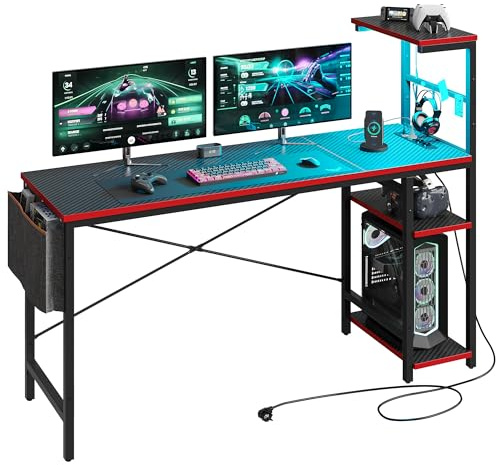 Bestier Scrivania da gioco con presa, scrivania per computer con ripiani, illuminazione a LED, tavolo da gioco per PC con ganci per cuffie per ufficio, piccola stanza, nero, 155x 50 cm