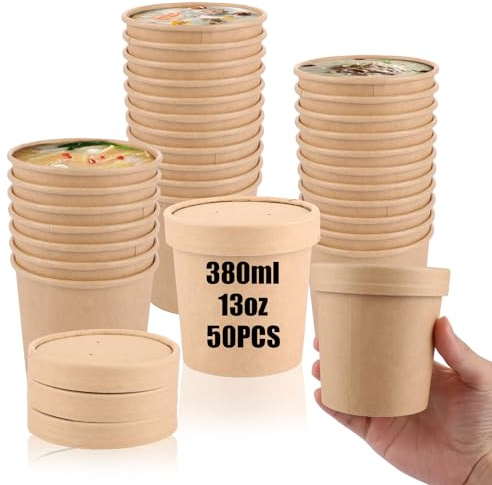 SHUESS 50 Stück Suppenbecher to go mit Deckel 380ml (13oz) - Stabiler Pappbecher brauner für Heiße Suppe - Auslaufsicher, Hitzebeständig, Suppenschalen to go & Eisbecher Pappe mit Deckel Suppenschalen