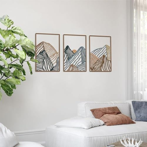3 Stück Set Strichzeichnung Berge Metall Wanddeko Schwarzer Wandbehang Moderne Wanddekoration Silhouette Wandkunst Metallbilder Für Zuhause Schlafzimmer Flur Wohnzimmer Büro Hotel(Color:Mehrfarbig)