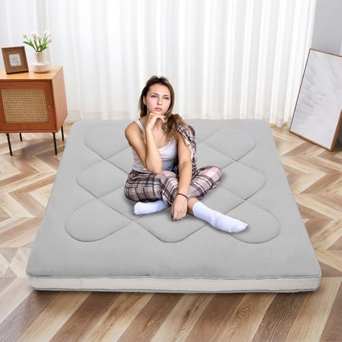 SUNYRISY Japanese Floor Mattress Futon Mat, Thicken Roll up Sleeping Mat Tatami Floor Bed, Foldable & Portable Lounger Guest Bed Camping Mat with Storage Bag, King