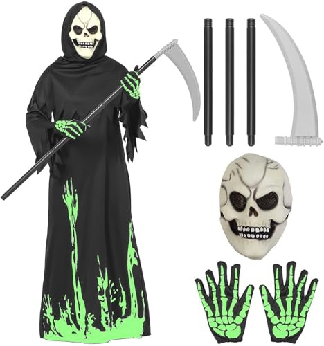 Tosekry Costume Halloween Bambino Vestito Halloween Bambino, Costume Scheletro Bambino con Futa Fosforescente, Maschera Halloween in Lattice Fosforescente, Guanti e Falce