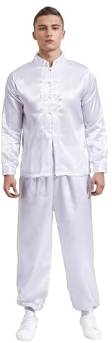 KKmeter Mens Martial Arts Suit Chinese Traditional Tang Suit Long Sleeve Yoga Top with pants Clothes Outfit (White, Medium)