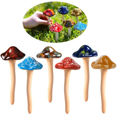 Purple Star Ceramic Mushrooms for Garden, 6 Pack, Brown | Small Toadstool Decor, Fairy Garden Ornaments, For Plants Pots Yard Lawn, Outdoor Statue, Women Gift
