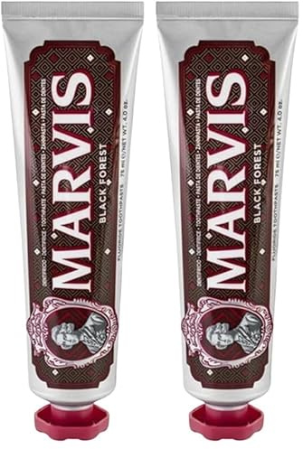 Marvis Zahnpasta Black Forest, 75 ml, einzigartig aromatische Zahncreme mit Schokolade & Kirsche bekämpft Plaque und reduziert Bakterien, Zahnpasta mit Geschmack für anhaltende Frische (Packung mit 2)