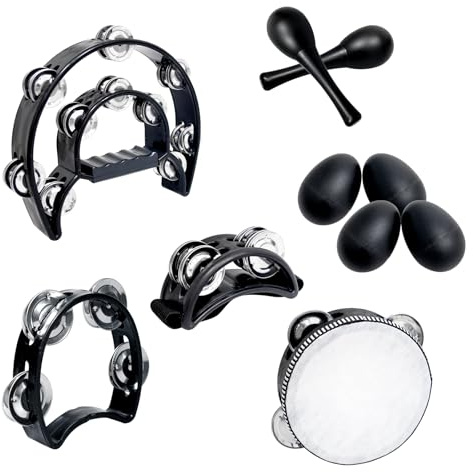 10 Pcs Tambourines for Adults, Metal Jingles Hand Musical Held Percussion Set Half Moon Tambourine Foot Tambourine Sand Hammer Wood Rhythm Sticks Egg Shakers for Music Party Supplies(Black)