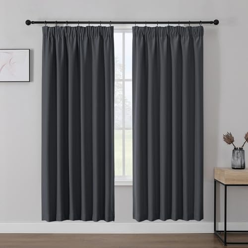 Joydeco Vorhänge mit Kräuselband Gardinen Blickdichte 2er Set Schienenvorhang Verdunkelung Wärmeschutzvorhang Übergardinen Hakengardinen Lärmschutz Wohnzimmer H200xB140 cm Dunkelgrau