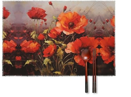Platzsets, Tischsets, 6er-Set, Ölgemälde, rote Blume, bedruckt, Tischset, Hitze für Küchentisch, Innen- und Außenbereich, abwischbar, Esstischmatten