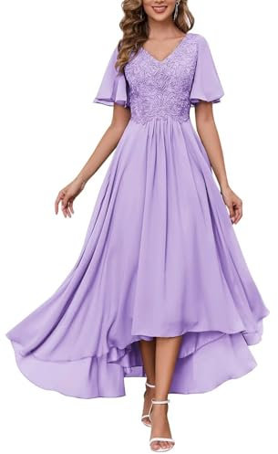 HPPEE Vestido formal de gasa con apliques de encaje y cuello en V para mujer, para boda, fiesta, vestido formal acampanado, Lila, 46