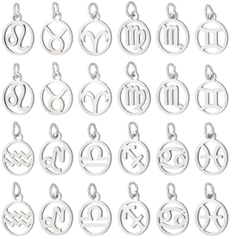 PH PandaHall 24pcs 304 Edelstahl 12 Konstellationen Charms Sternzeichen-Anhänger Charms Flache Runde mit Sternzeichen-Anhängern Astrologie-Horoskop-Anhänger für DIY-Schmuck Handwerk machen
