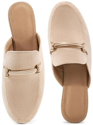 Alicegana Mules for Women Flats Shoes: Comfortable Round Toe Slip on Mules 2026 Dressy Business Buckle Loafers Apricot