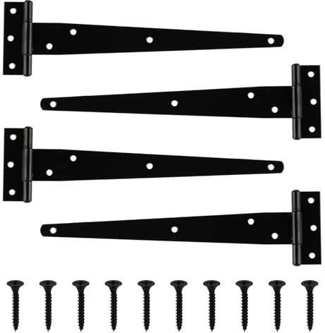 4 Pcs 10 Inch T Hinges, Heavy Duty Black Outdoor Tee Hinge for Wooden Fences, Gates, Barn and Shed Doors