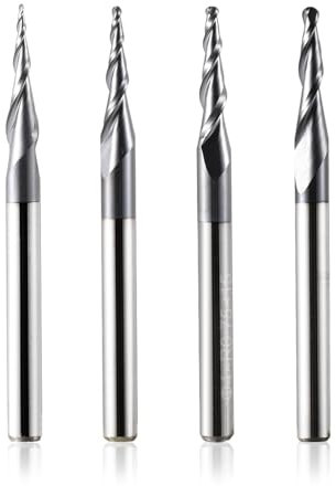 4 Pezzi Fresa a Sfera 2 Taglienti Punta Conica R0.25-R1.0mm, Gambo 3.175mm (1/8), Metallo Duro TiAlN per Fresatrice CNC - Incisione 2D/3D su Legno/Alluminio