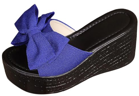 Sandales pour femme - Sandales d'été à talon compensé haut - Sandales avec nœud papillon - Élégantes - Style bohème - Chaussures de plage compensées - Bout ouvert - Chaussons confortables - Chaussures