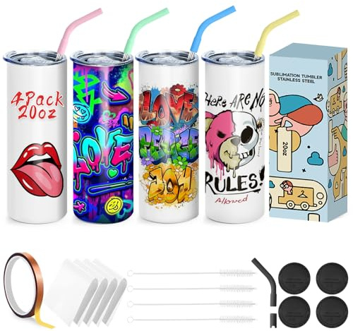Gobelet pour Sublimation - Caffoltgo Lot de 4 Gobelets Droit en Acier Inoxydable 20 oz, Blanc, Inclut Couvercle et Pailles, Emballage Individuel Rétractable (Pipette en latex 4)