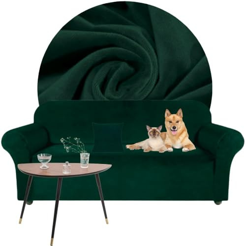 Domidekor - Sofa Überzug Dunkelgrün - Couch und Sofabezug 3 Sitzer - Sofaüberwurf für Wohnzimmer - Sesselbezug Stretch - Elastische Samt Couchbezug - Breite 190-230cm - Oeko-Tex 100