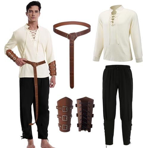 Mittelalter Kleidung Herren Renaissance Wikinger Kostüm mit Zubehör | Kostüm Herren Mittelalter Set Larp Kleidung Herren mit Hemd Hose Gürtel Handgelenkschützer für Halloween Karneval Cosplay