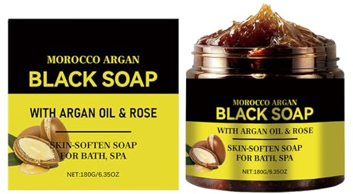 Morocco Body Scrub Black Soap,African Black Soap Bar,Natürliche Marokkanische Schwarze Seife,Marokko Körperpeeling,Weiche Haut für die Meisten Hauttypen Geeignet,180G
