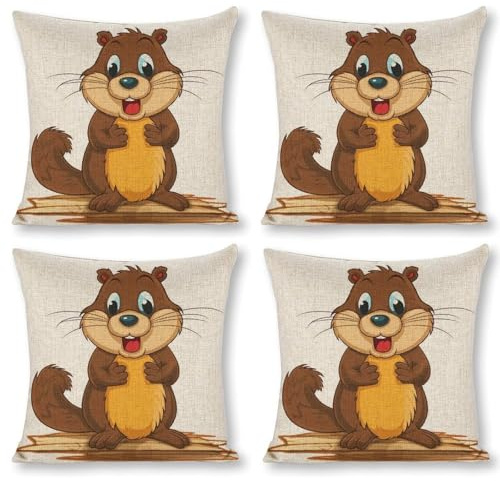 POTSCBVW Cartoon Animated Beaver Pillow Covers, Breathable Linen Pillow Cases - All Season | Hidden Zipper, Square Pillowcases for Bed, Sofa, Car Decor, 18x18（4pcs）
