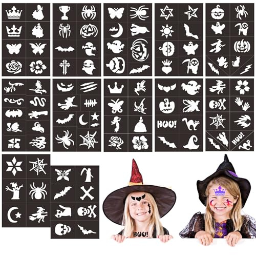WOFEU 102 Stück Temporäre Tattoo Schablonen-12X18CM | Wiederverwendbare Tattoos Zubehör für Gesichts und Körperbemalung,für Karneval, Halloween, Geburtstage Maskenbälle