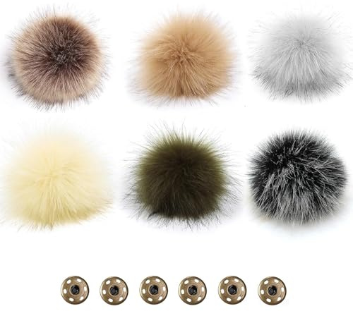 Mixyvic 6 Stück Fellbommel Kunstfell Bommel Fellpompon Pompon Kunstpelz | Künstlicher Haarball Haarkugel Anhänger DIY 10cm Flauschige mit Abnehmbarem Druck Knopf für Stricken Hut Schuhe Schals Tasche