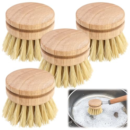 JJYHEHOT Wooden Washing Up Brush, 4PCS Replacement Heads Eco Dish Brushes, Natural Bamboo Dish Scrubber for Scrubbing Pans and Plates (Handle Not Included)