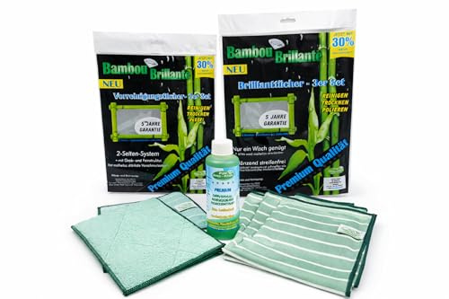 Bambou-Brillante 6er Streifenfrei STARTERSET - 3 Poliertuch & 2 Wischtuch + Reiniger 250ml- Bambustücher + Bambus Hochleistungsreiniger- Streifenfreier Systemreiniger für Fenster, Glas Auto Microfaser