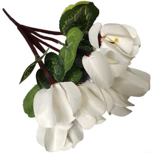 Bouquet de fleurs de cyclamen artificielles à 7 branches pour décoration d'intérieur, salon, chambre à coucher, table, étagère (blanc)