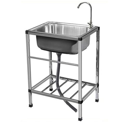 Lavello multiuso in acciaio inox con rubinetto e ripiano portaoggetti, vasca autoportante per uso interno/esterno, lavello da cucina a vasca singola resistente con accessori
