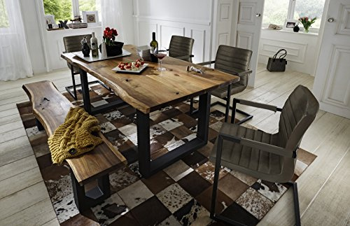 SAM 6tlg. Essgruppe Quentin 180x90 Akazie-Holz, Bank, 4X Stuhl anthrazit