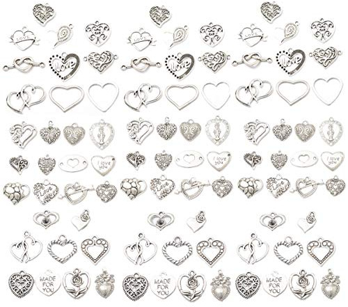 Zhiheng Assorted 93pcs Heart Shaped Alloy Pendants Love Charms Bracelet Necklace Beads Wine Glass Charms for Jewellery Making Birthday Christmas Valentine's Gift