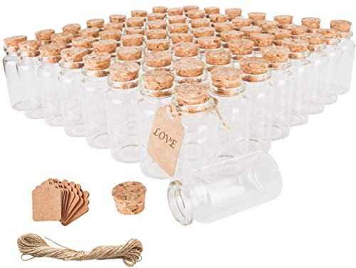 Brajttt 64PCS 30ml Cork Stoppers Glass Bottles, Small Jars With Personalized Label Tags and String, Mini Bottles Of Candy, Wedding Favors For Guests, Set of 64 | Tiny Bottles with Cork DIY Decoration, Apothecary Jars, Storage Container for Art Crafts for Wedding Decor, Party Supplies