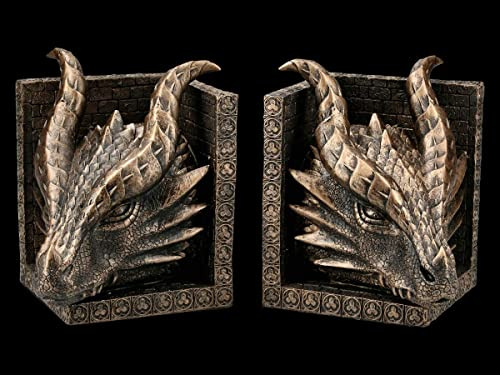 Fantasy Buchstützen Set - Mächtige Drachenköpfe | Deko-Artikel, Dekofigur, Statue, Skulptur, 2 Stück, H 16 cm